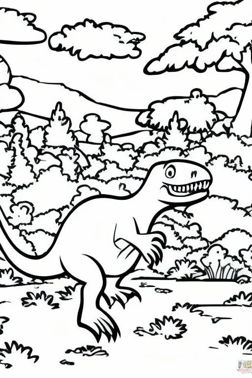 Prompt: coloring page for kids, Tyrannosaurus rex in a forest and open plains, cartoon style, low detail, thick lines, no shading --ar 9:11