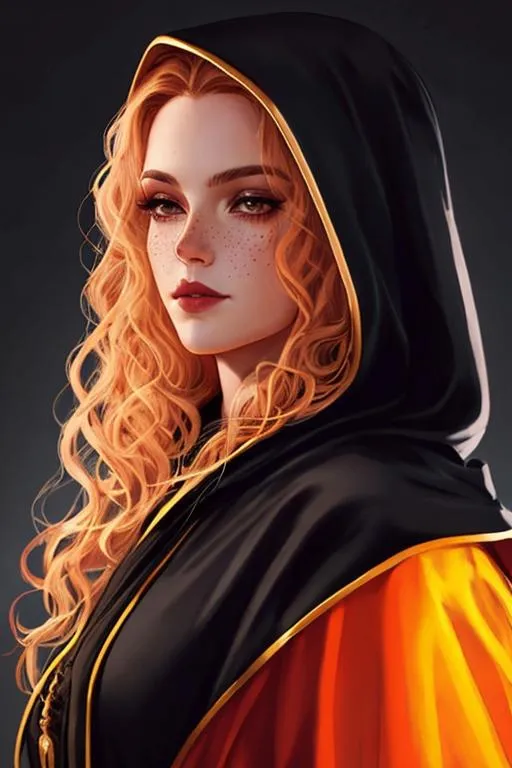 Prompt: dnd, portrait, long curly hair, female, Illustration, black hood and robes, scars, freckles