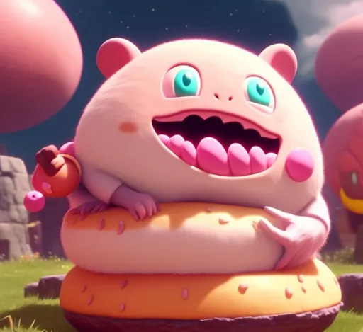 Prompt: Rat, light pink fur, dark pink feet, this creature is very much like kirby and yet it is not kirby, sitting by a giant hamburger, masterpiece, best quality, kirby style