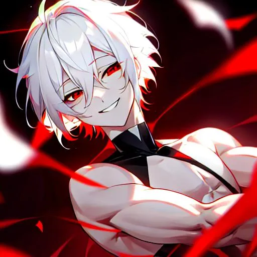 Prompt: Male (short pure white hair) 8k, UHD, smiling, red eyes