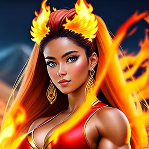 Prompt: portrait of a flame goddess inside a volcano, her hair is made of golden flame, tan skin, angelic figure, full body, prefect face, (muscle woman)