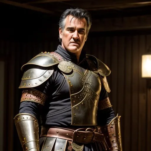 Prompt: Create a photograph of a Celtic warrior using bruce campbell as the basis, leather armor,  extremely detailed environment, detailed background, intricate, detailed skin, natural colors , professionally color graded, photo realism, 8k, moody lighting, 