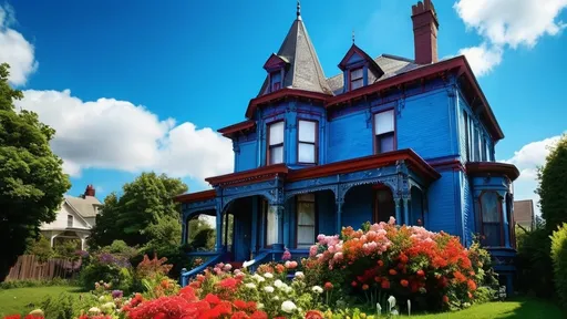 Prompt: high resolution photograph of a blue Victorian house with flowers in the yard, sunny day, bright colors, high resolution, high quality, high detail, cinematic lighting, vibrant colors, colorful, lush garden, deep blue sky with cirrus clouds, daylight