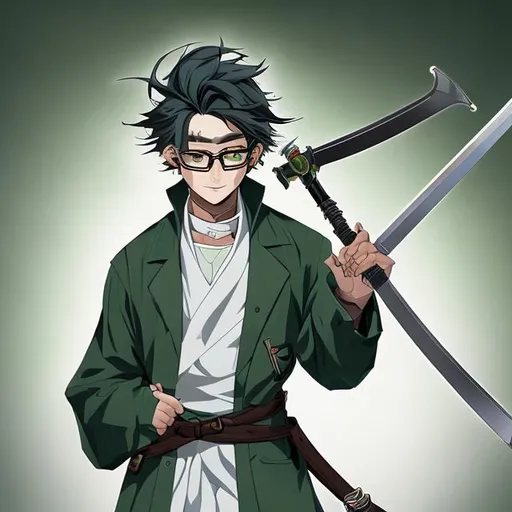 Prompt: Dark Green Hair, lab coat, holding sword in its scabbard, male, 25, glasses