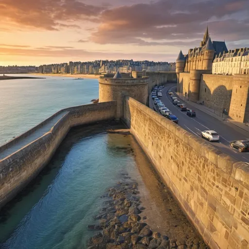 Prompt: Historic walled city of St Malo at sunset, golden hues, overlooking the tranquil sea, detailed architecture, high dynamic range, realistic, highres, sunset glow, coastal scene, medieval fortress, French landmark, scenic view, ancient cobblestone streets, serene atmosphere, HDR, 4k, atmospheric lighting