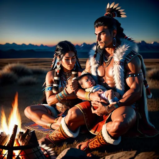 Prompt: long shot, HD, 3D, [(Muscular Native American Male dressed as warrior)  and female Native American holding newborn infant in furs) and seated near a campfire], Hazy, expansive plains background, digital painting, uber detailed, 64k, high quality, sharp focus, studio photo, intricate details, highly detailed, Perfect viewpoint, highly detailed, wide-angle lens, hyper realistic, with dramatic night sky, polarizing filter, natural lighting, vivid colors, everything in sharp focus, HDR, UHD, --s98500
