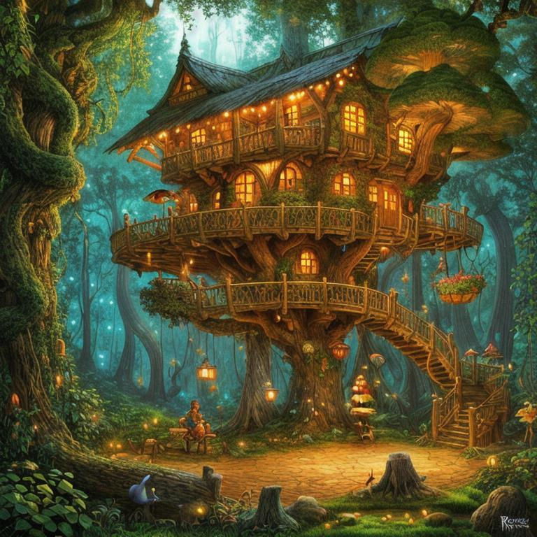 A tree house built around a giant tree trunk, magica... | OpenArt