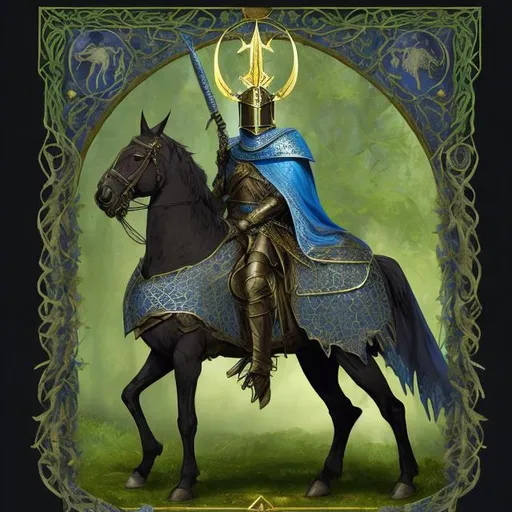 Prompt: a mounted knight wearing a blue tunic and a blue cloak, a swt of golden chain mail and a golden horned greathelm, having a laurel colored green