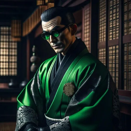 Prompt: Portrait of {Ninja the riddler and Oswald Cobblepot } in  {edo era Japan}, perfect composition, hyperrealistic, super detailed, 8k, high quality, trending art, trending on artstation, sharp focus, studio photo, intricate details, highly detailed,happy face, by greg rutkowski