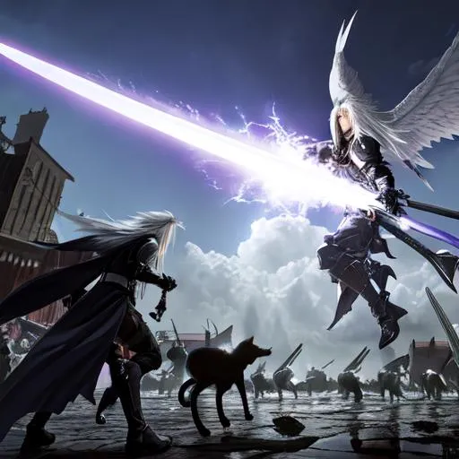 Prompt: Sephiroth from Final Fantasy and his army of cat demons getting ready to attack