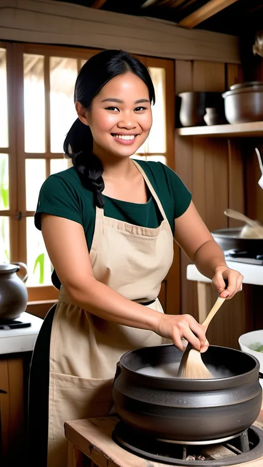 Prompt: Prompt:
A beautiful Filipino woman, Amara Isla, cooking in a traditional Filipino kitchen. She has long, shiny black hair tied in a neat bun, wearing a simple yet elegant traditional baro’t saya apron. She is smiling warmly while using a wooden ladle to stir a large pot of sinigang over a clay stove (pugon). The background shows wooden walls, native baskets, and fresh vegetables like eggplants, string beans, and tomatoes on a bamboo table. The setting is cozy and rustic, with sunlight streaming through open windows adorned with woven blinds, creating a warm, inviting atmosphere.

