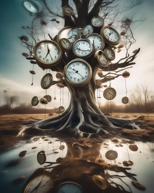 Prompt: A surreal scene featuring melting clocks draped over tree branches, surrounded by floating abstract elements in a dreamlike landscape. Shot with a wide-angle lens to capture the vastness of the surreal world.