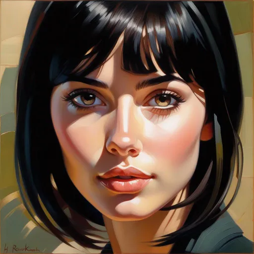 Prompt: Facial portrait of a young woman, pale olive skin, black hair, bangs, dark brown eyes, cartoony style, extremely detailed painting by Greg Rutkowski and by Henry Justice Ford and by Steve Henderson 

