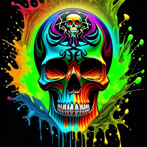 Prompt: beautiful freeform colorful chaos epic bold, 3D, HD, {one}({liquid Velvet {celtic}Skull with {Red Yellow Blue Green Black}Paint), expansive psychedelic background --s99500 