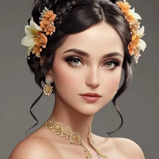 Prompt: Beautiful woman portrait wearing an evening gown, elaborate updo hairstyle adorned with flowers, facial closeup