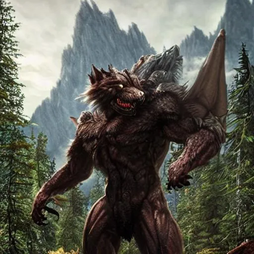 Prompt: a super detailed 8k hyper realistic werewolf dragon beats that has the wings of a dragon and the head of a wolf and the body of a man and  he has three long claws on each hand creepy hyper realistic mountain behind him and thick trees around the mountain.