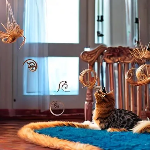 Prompt: longhair cat playing, beautiful decorations