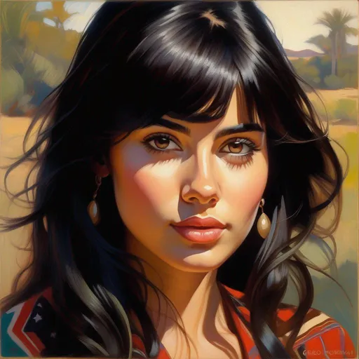 Prompt: Facial portrait of a young Chilean woman, pale olive skin, black hair, bangs, dark brown eyes, cartoony style, extremely detailed painting by Greg Rutkowski and by Henry Justice Ford and by Steve Henderson 
