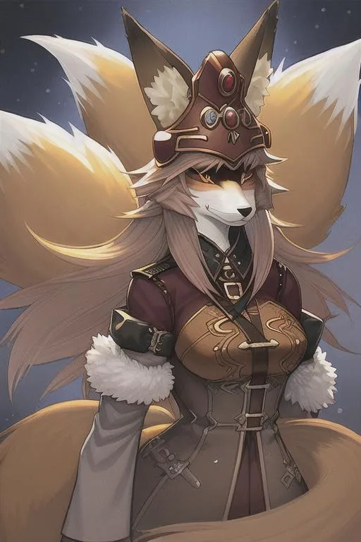 Prompt: beautiful furry digital art of a female fox diety wearing a german stahlhelm