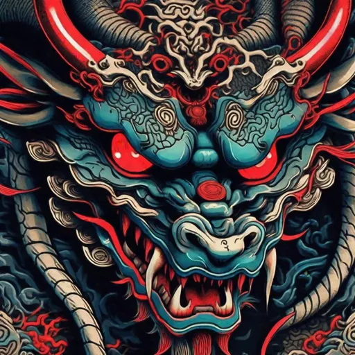 Prompt: Ukiyo-E demon Chinese dragon face cult hoodlum cyberpunk airbrush art