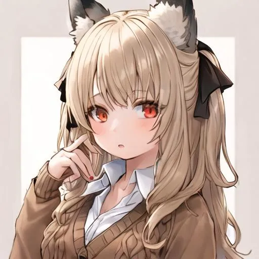 Prompt: A girl with brown fading into blonde hair with a white collared shirt a brown cardigan sweater with black wolf ears with red bows
