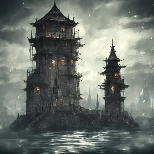 Prompt: A dark medieval tower surrounded by water drawn anime style
