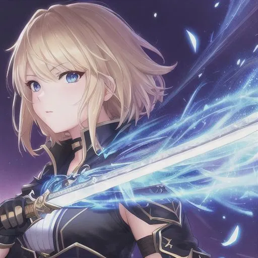 Prompt: UHD, hd , 8k,  anime, hyper realism,   Very detailed, zoomed out view, clear visible face, full character in view, clear visible face, standing , short blond hair, glowing black eyes, holding a sword, adventure fantasy girl, 