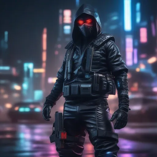 Prompt: A ultra realistic cyberpunk Ninja at night, complex build, a dated and tired leather uniform, big boots, holding a big futuristic Uzi. realistic photography
