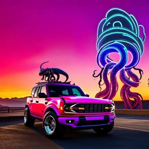 A kraken with a crown driving A neon purple 2022 for OpenArt