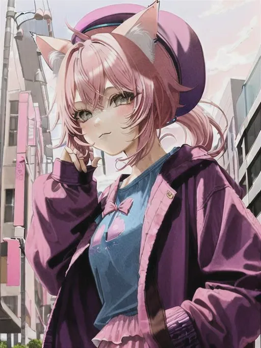 Prompt: very pretty cat girl, with short pink hair with a ponytail on the fringe, a blue hat, pink cat ears


