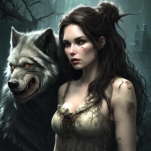 Prompt: a gorgeous dark-haired woman is standing with a grotesque wolf-like monster who is drooling saliva, fantasy art, photorealism