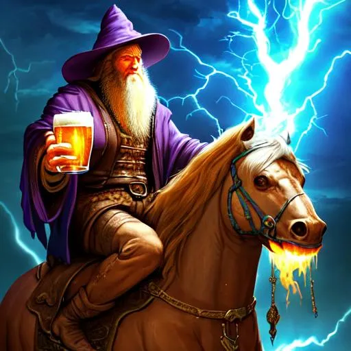 Prompt: fantasy, wizard drinking beer, magical, lightning, fire, holding an overflowing mug, riding a steed, old, beard