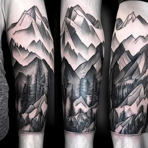Calf sleeve tattoo of mountains going into the sky