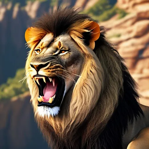 Prompt: Lion with black fur standing on the edge of a cliff roaring showing his teeth photo realistic 