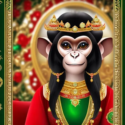 Prompt: Monkey empress, green eyes, a long red dress, 