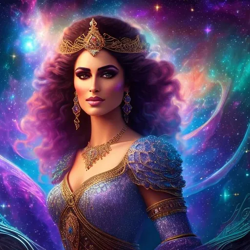 Prompt: Tamina as a Princess of persia, detailed beauty face, detailed beauty eyes, perfect long hair, surreal beauty, soft light, Abstract fractal art background, surrounded by Castle in Prince of Persia, surrounded by  full color space nebula and super nova planets and moon on julia clusters mandelbrot voronoi fractal, long shot