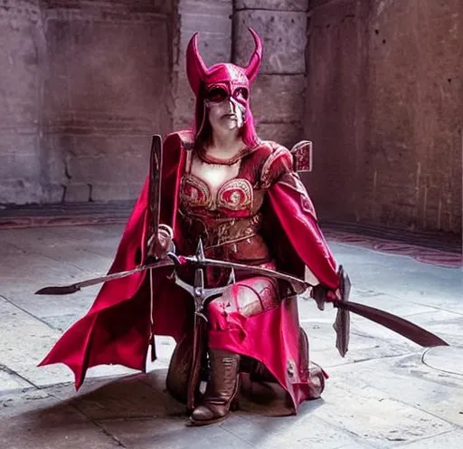 Prompt: A beautiful reddish pink skinned female tiefling cleric wearing a masquerade mask that  covering the left side of her face
And plate armour, a Warhammer and a shield
In a big ritual room kneeling in the middle of sigils surrounded by devils