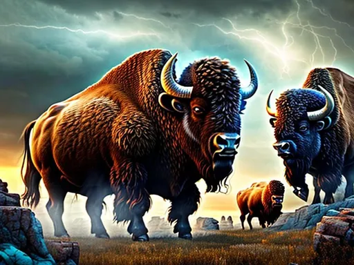 Prompt: Style: ultra realistic cinematic animation graphic. Making the bison appear heroic and legendary. The bison stands on the edge of a cliff in the Dakota Badlands. Change the background into a ver dark night sky, dramatic storm clouds with heat lightning, moody environment with fog appearing. Fading golden tones with hints of turquoise blue color the Bandland features behind the bison. 