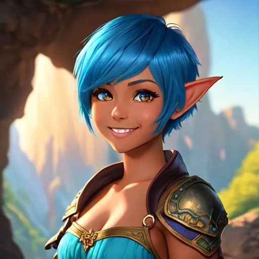 Prompt: oil painting, D&D fantasy, tanned-skinned-gnome girl, tanned-skinned-female, short, beautiful, short bright blue hair, long pixie cut hair, smiling, pointed ears, looking at the viewer, Wizard wearing intricate adventurer outfit, #3238, UHD, hd , 8k eyes, detailed face, big anime dreamy eyes, 8k eyes, intricate details, insanely detailed, masterpiece, cinematic lighting, 8k, complementary colors, golden ratio, octane render, volumetric lighting, unreal 5, artwork, concept art, cover, top model, light on hair colorful glamourous hyperdetailed medieval city background, intricate hyperdetailed breathtaking colorful glamorous scenic view landscape, ultra-fine details, hyper-focused, deep colors, dramatic lighting, ambient lighting god rays, flowers, garden | by sakimi chan, artgerm, wlop, pixiv, tumblr, instagram, deviantart