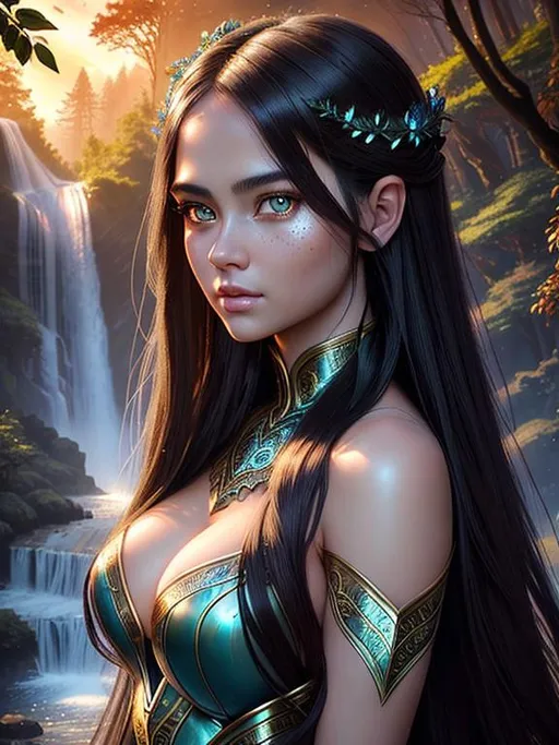 Prompt: Fantasy, Epic, Stunning, Spectacular, cinematic, 3D, HD, Beautiful!! {female}Wood Nymph, detailed gorgeous face, Beautiful big {heart-shaped}reflective eyes, long flowing hair, expansive Magical waterfall background, sunset, ultra detailed full body artistic photography, Gorgeous detailed face, shadows, oil on canvas, brush strokes, ultra sharp focus, ominous, matte painting movie poster, golden ratio, epic, intricate, cinematic character render, hyper realistic, 64K --s98500