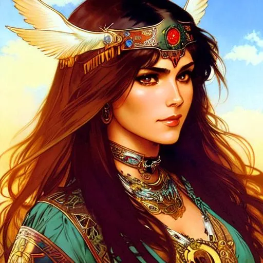 Prompt: Alphonse Mucha, Boris Vallejo, Luis Royo, Ayami Kojima; native American woman warrior, fierce eyes, cynical smile, beautiful and angelic