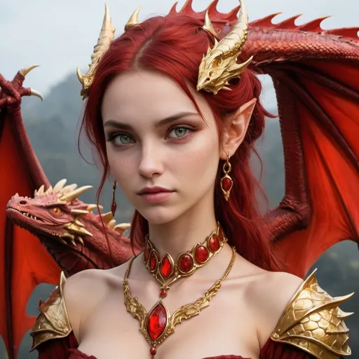 Prompt: A beautiful woman that is mostly human but has part dragon she has deep scarlet scales with flecks of gold. 