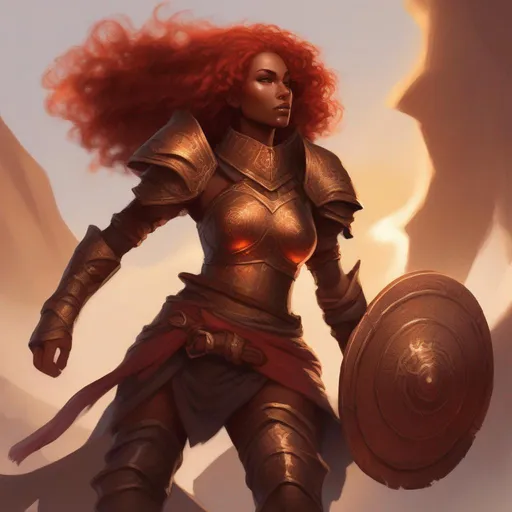 Prompt: dnd a dwarvern woman with red fiery curly hair with dark tan skin wearing bronze armor sun goddess 