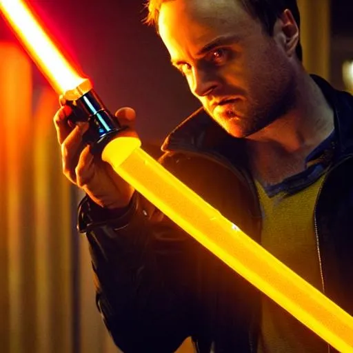 Prompt: Jesse Pinkman holding an orange colored lightsaber