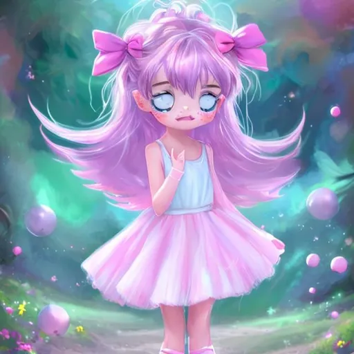 Prompt: Amelia Hadd little girl, anime, cartoon, funny, pretty, violet dress, long blonde hair, pink bows, bright blue eyes, long eyelashes, full body, pink tennis shoes, fairy ears