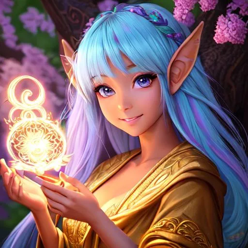 Prompt: oil painting, fantasy, Pixie girl, tanned-skinned-female, beautiful, short bright rainbow hair, straight hair, rosy cheeks, smiling, looking at the viewer, druid wearing intricate robes healing an animal, #3238, UHD, hd , 8k eyes, detailed face, big anime dreamy eyes, 8k eyes, intricate details, insanely detailed, masterpiece, cinematic lighting, 8k, complementary colors, golden ratio, octane render, volumetric lighting, unreal 5, artwork, concept art, cover, top model, light on hair colorful glamourous hyperdetailed medieval city background, intricate hyperdetailed breathtaking colorful glamorous scenic view landscape, ultra-fine details, hyper-focused, deep colors, dramatic lighting, ambient lighting god rays, flowers, garden | by sakimi chan, artgerm, wlop, pixiv, tumblr, instagram, deviantart