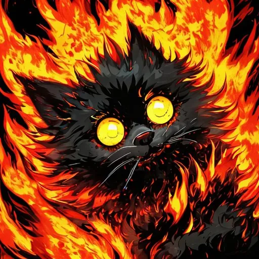 Prompt: Fluffy cute ball that is a inferno, jet black fur, solid glowing yellow eyes, made of yellow orange and red flames, splashes of flames everywhere, masterpiece, best quality, ((In Splatter Art style))
