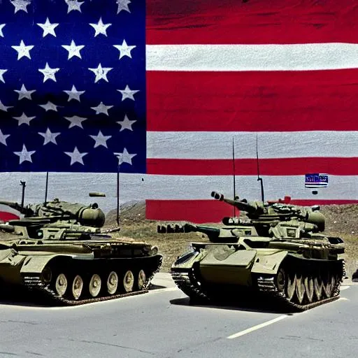 Prompt: professional photo of a militar parede in Teheran City, high resolution scan, U.S. Army tanks, and american flags