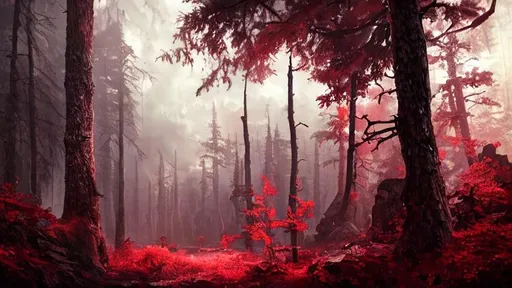 Prompt: red forest, fantasy dramatic lighting, asssassins creed valhalla, artstation, cinematic, establishing shot, extremely high detail, photo realistic, cinematic lighting, post processed, concept art, artstation, matte painting, style by eddie mendoza, raphael lacoste, alex ross