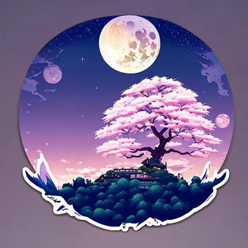 Prompt: Full moon behind Cherry blossom tree on floating island in the night sky cartoon sticker
